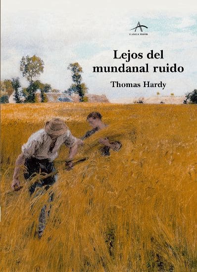 Sobre un paisaje rural dorado, dos campesinos trabajan segando un campo de trigo con herramientas tradicionales. Al fondo se distinguen árboles y unas construcciones bajo un cielo claro. El título aparece en negro en la parte superior derecha.